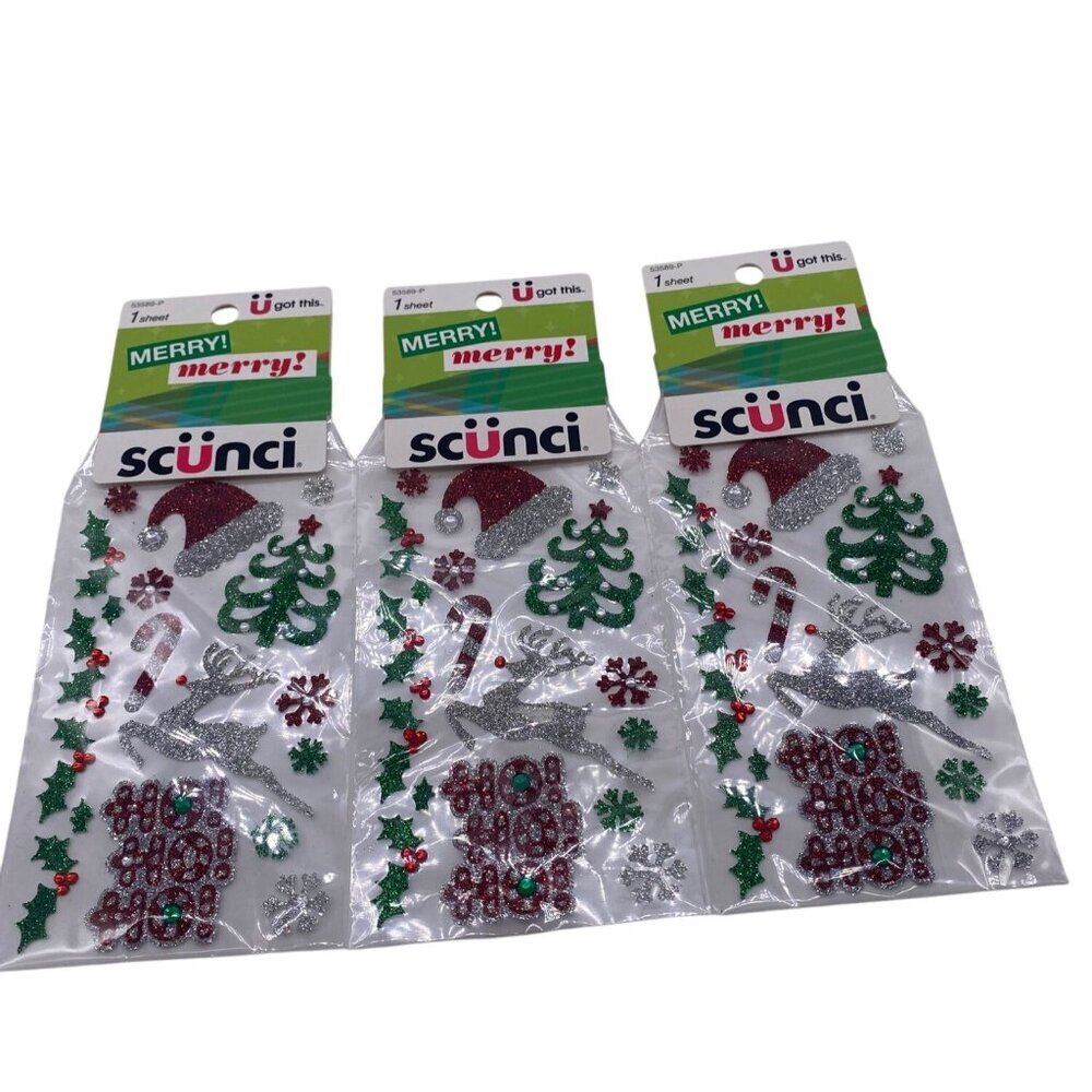 Lot of 3 Scunci U Got This Christmas Stickers 53589P Glittery Holiday‎ Designs